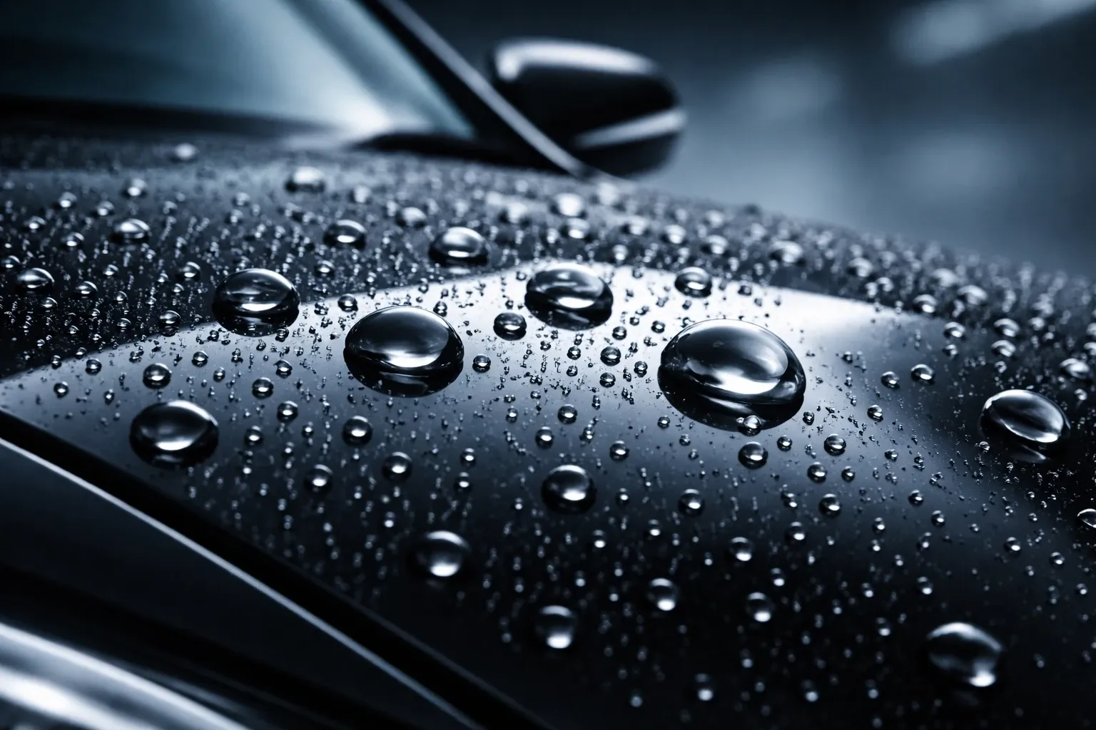Water beading on a black ceramic-coated panel