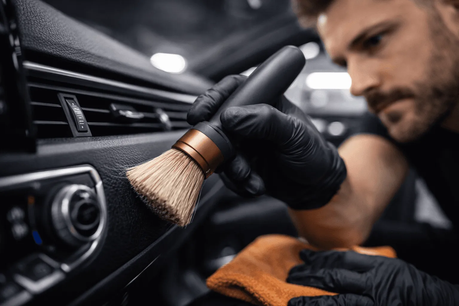 Detail brush cleaning a dashboard air vent